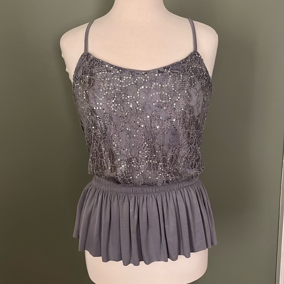 Express Tops - Womens Express Babydoll Tank Top, Gray Sequins, Size S/P,